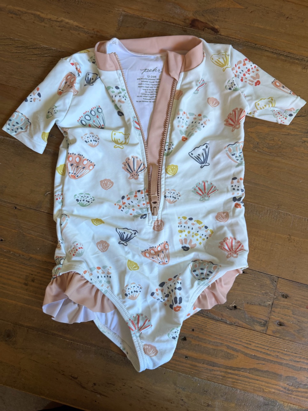 Pehr White & Peach Shell-Print Zip Front One-Piece Swimsuit